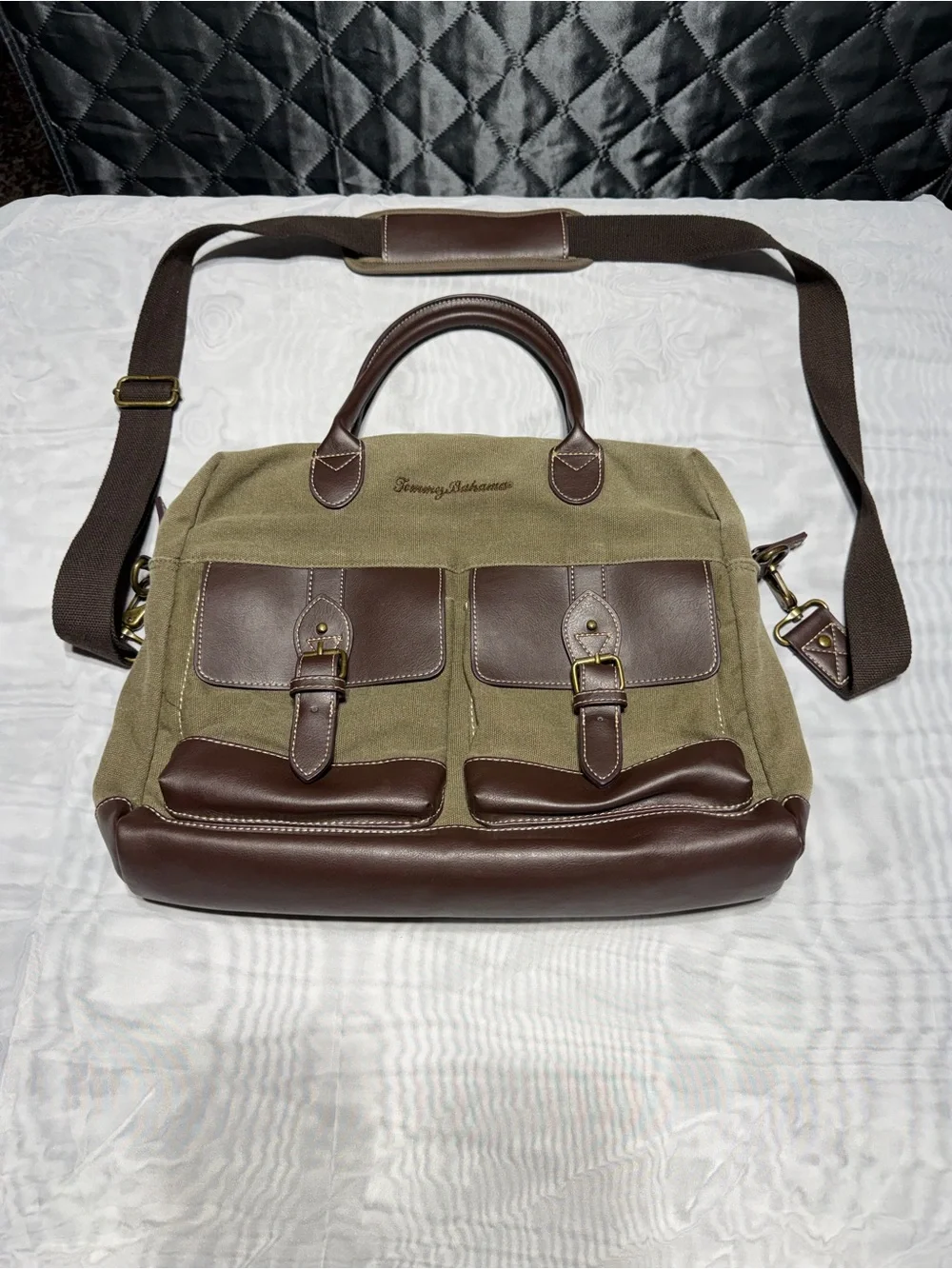Tommy Bahama Olive Canvas Messenger with Brown Leather Trim